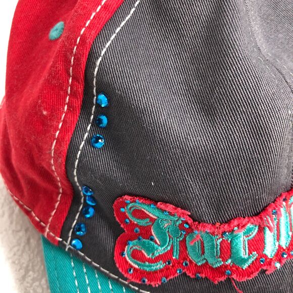 Farm Girl Womens Red Aqua Hat Cap with Rhinestones One Size - Picture 3 of 12